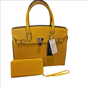 Women's NWT Unbranded Faux Vegan Leather Yellow-Gold 2-Way Handbag & Wallet